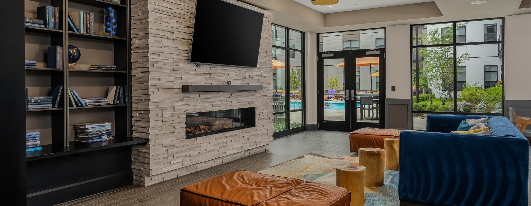 a living room with a fireplace